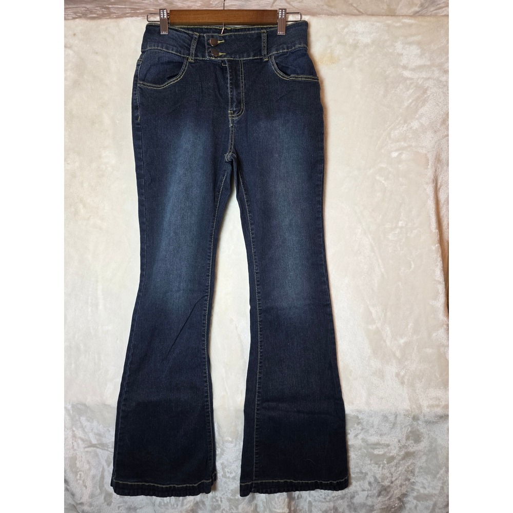 Womens Dark‎ Wash High Waisted Flare Jeans Double Button Stretch Denim Size M